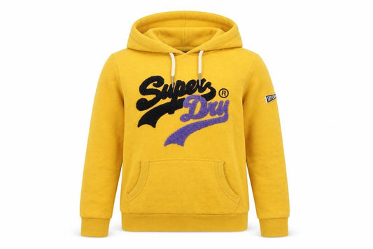Superdry Women Yellow UK 12 Pullover Hoodie Embroidered Logo Fleece