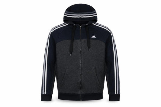 adidas Men’s Blue Grey M Full Zip Hooded Striped Logo Hoodie