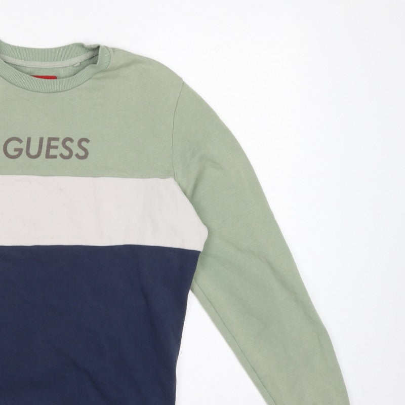 Guess Men's Green XS Pullover Sweatshirt Colourblock Logo Crew Neck