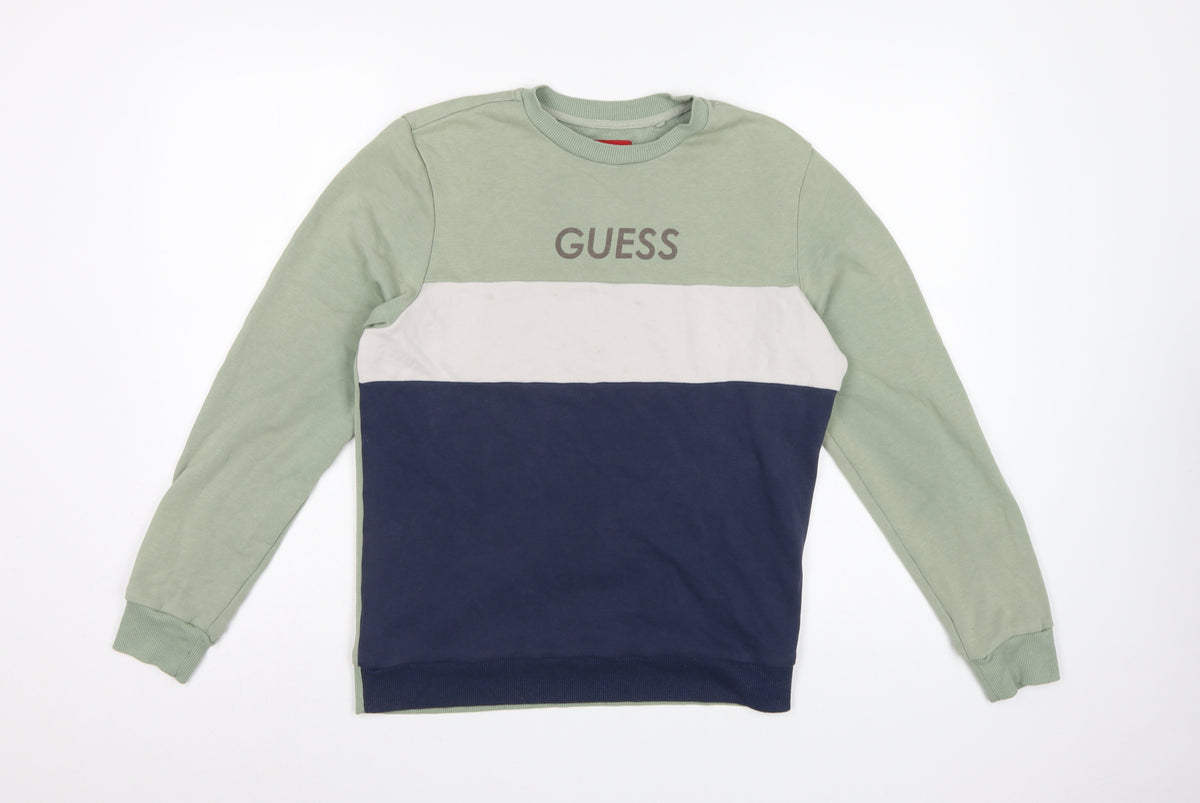Guess Men's Green XS Pullover Sweatshirt Colourblock Logo Crew Neck