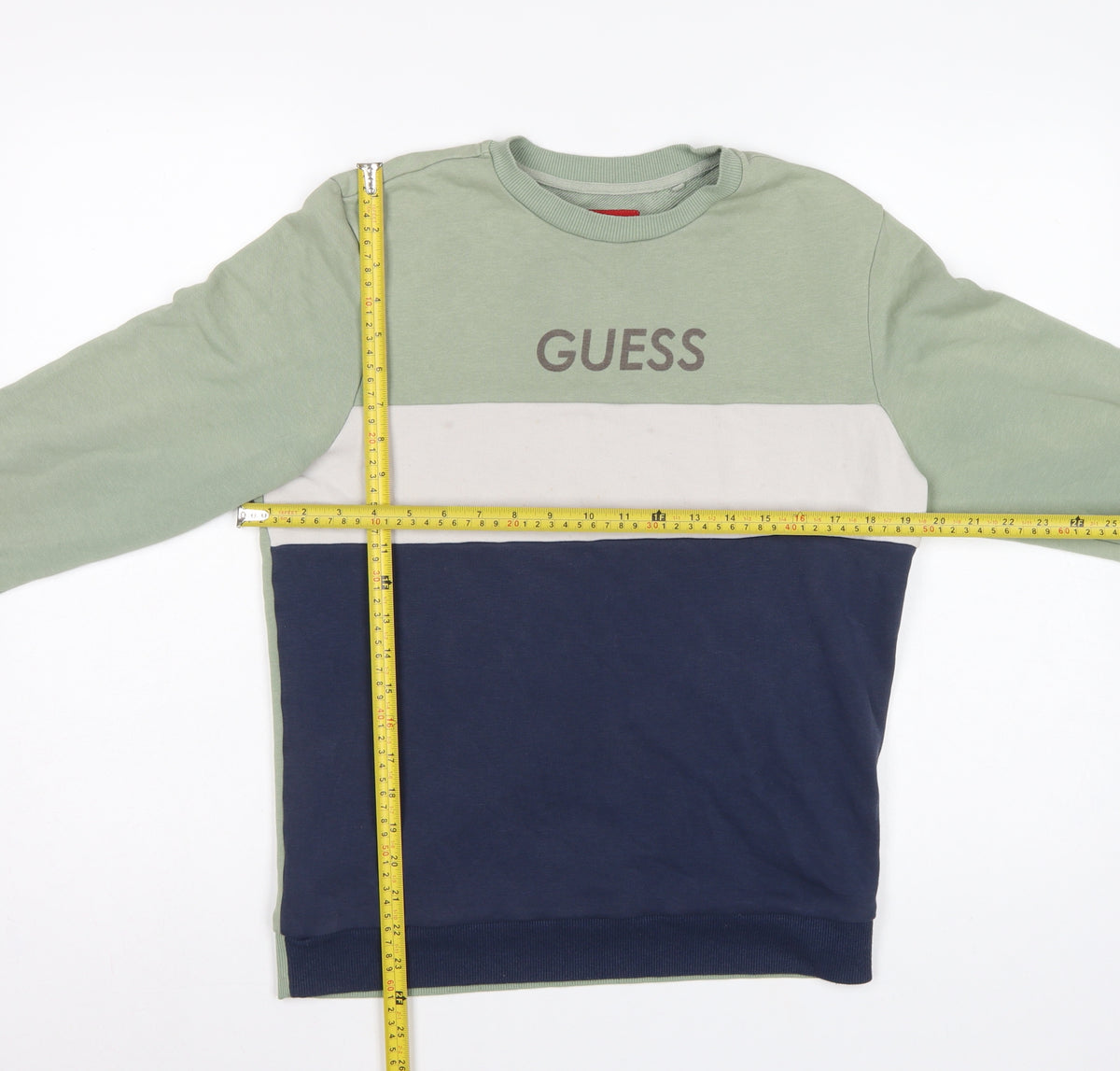Guess Men's Green XS Pullover Sweatshirt Colourblock Logo Crew Neck