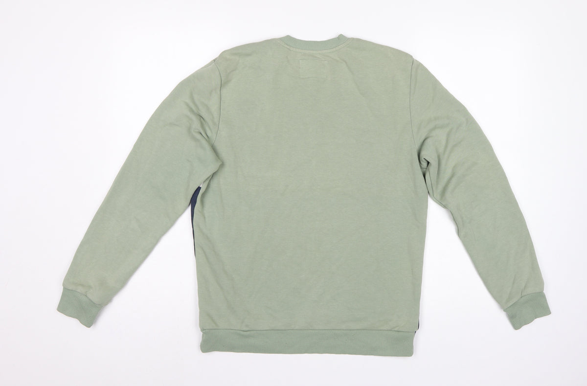 Guess Men's Green XS Pullover Sweatshirt Colourblock Logo Crew Neck