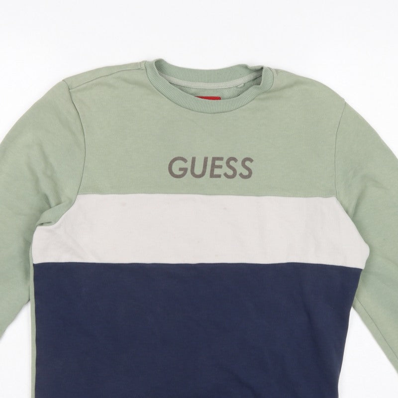 Guess Men's Green XS Pullover Sweatshirt Colourblock Logo Crew Neck