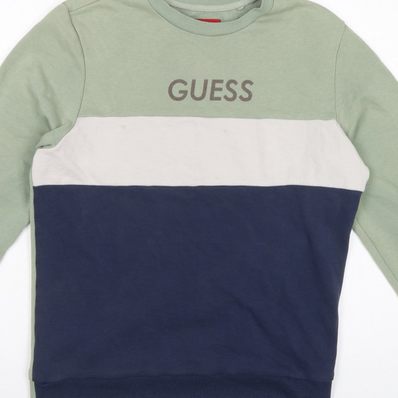 Guess Men's Green XS Pullover Sweatshirt Colourblock Logo Crew Neck