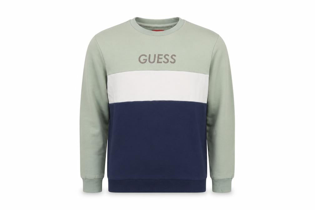Guess Men's Green XS Pullover Sweatshirt Colourblock Logo Crew Neck