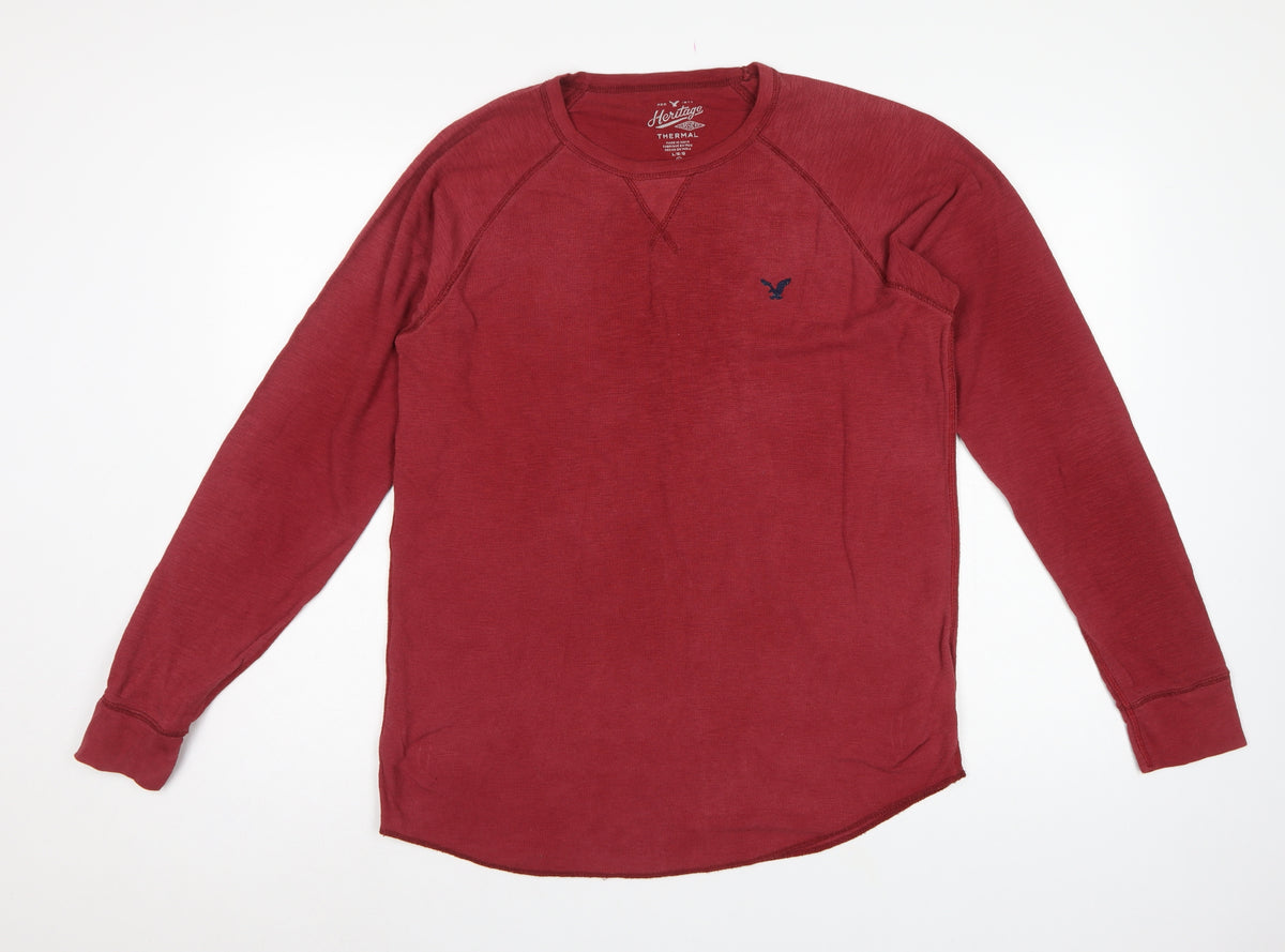 American Eagle Men Red L Thermal Long Sleeve Crew Neck T-Shirt