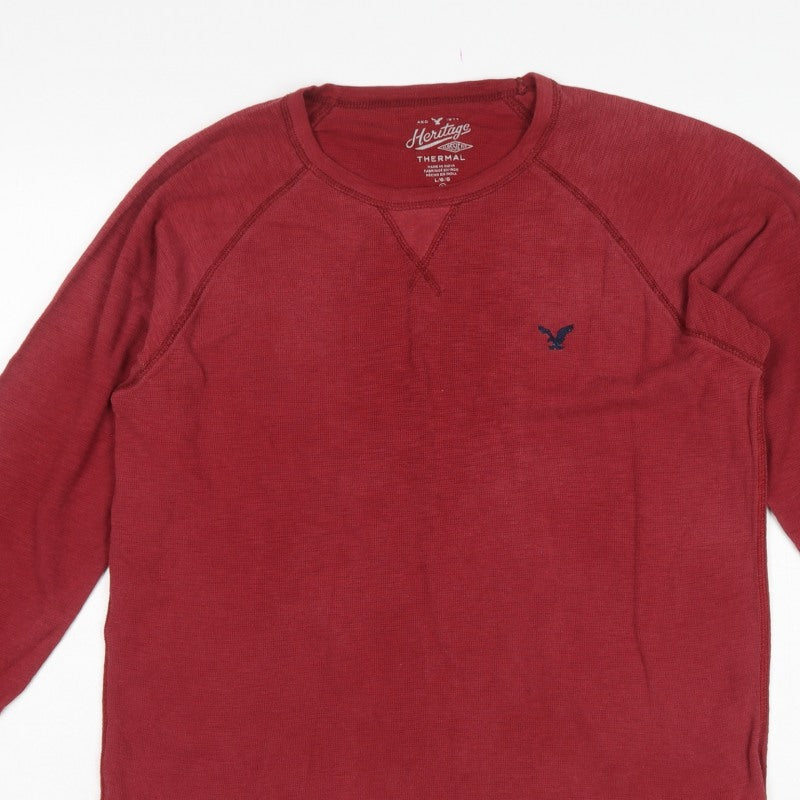 American Eagle Men Red L Thermal Long Sleeve Crew Neck T-Shirt