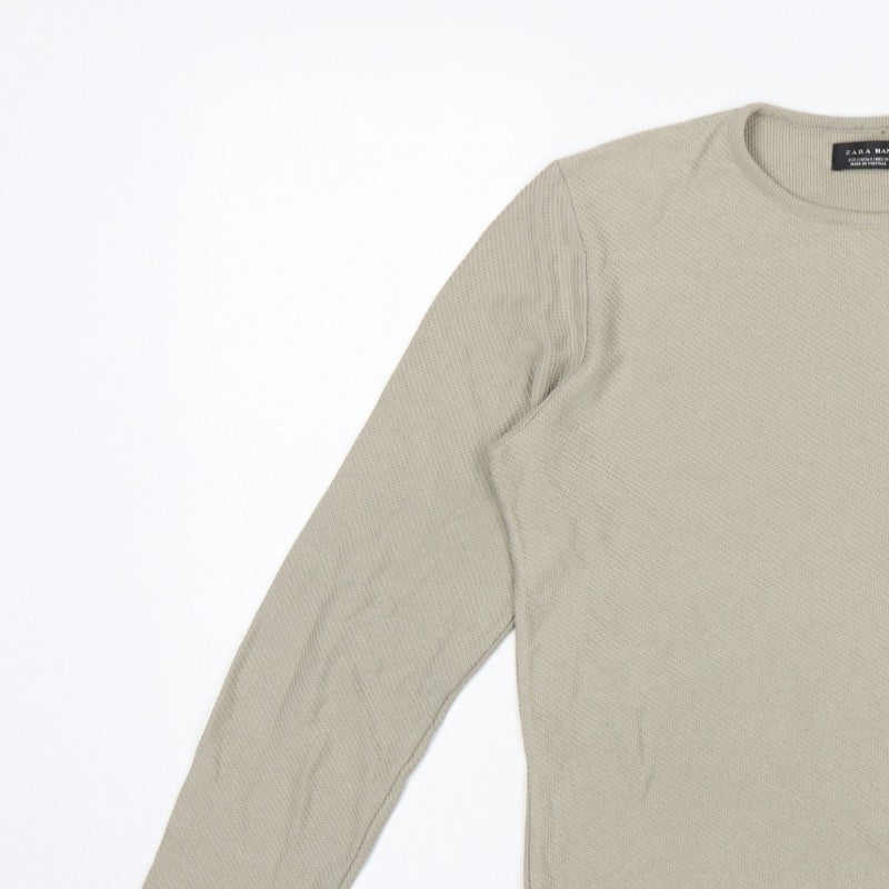 Zara Man Beige Cotton Blend Knit Crew Neck Pullover Jumper Size S