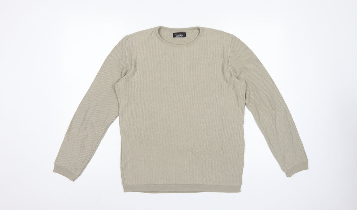 Zara Man Beige Cotton Blend Knit Crew Neck Pullover Jumper Size S