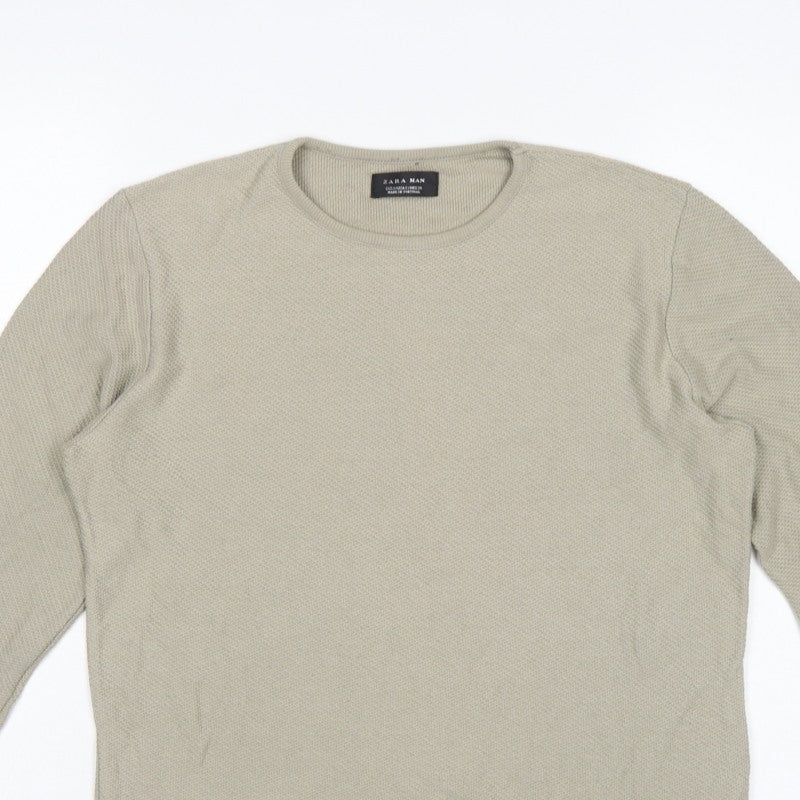 Zara Man Beige Cotton Blend Knit Crew Neck Pullover Jumper Size S