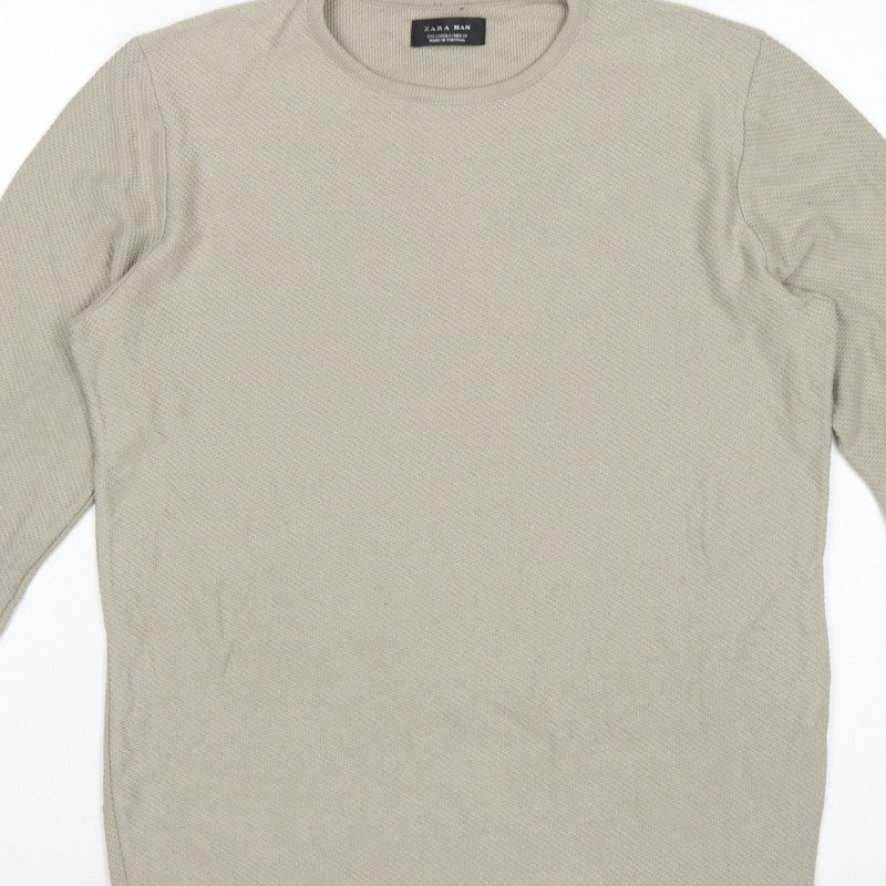 Zara Man Beige Cotton Blend Knit Crew Neck Pullover Jumper Size S