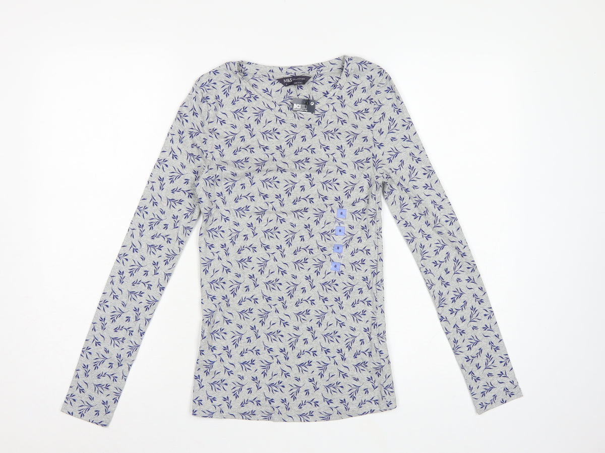 Marks & Spencer Women's Grey Leaf Print Basic Jersey Top UK 8