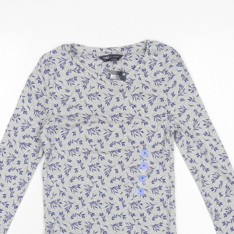 Marks & Spencer Women's Grey Leaf Print Basic Jersey Top UK 8