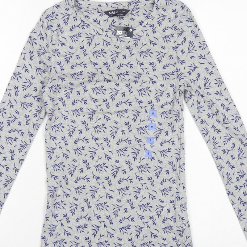 Marks & Spencer Women's Grey Leaf Print Basic Jersey Top UK 8