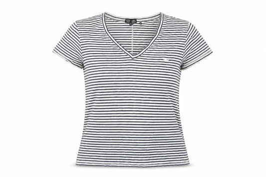 Superdry Women White Navy Striped UK 14 V-Neck Short Sleeve T-Shirt