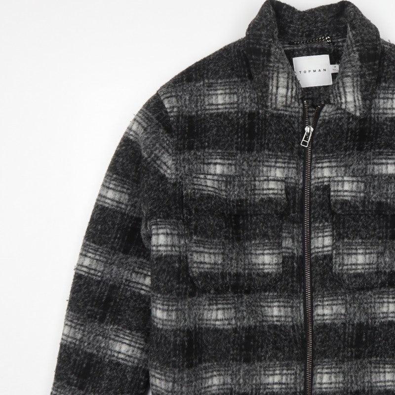 Topman Unisex Grey Check Wool Blend Zip Jacket Size M Collared