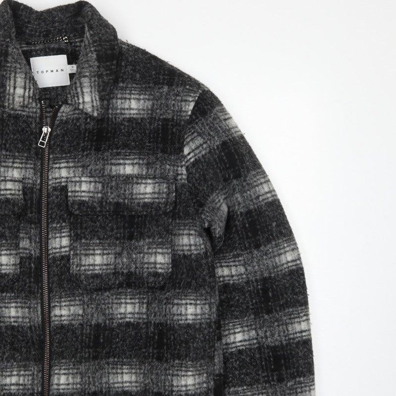 Topman Unisex Grey Check Wool Blend Zip Jacket Size M Collared