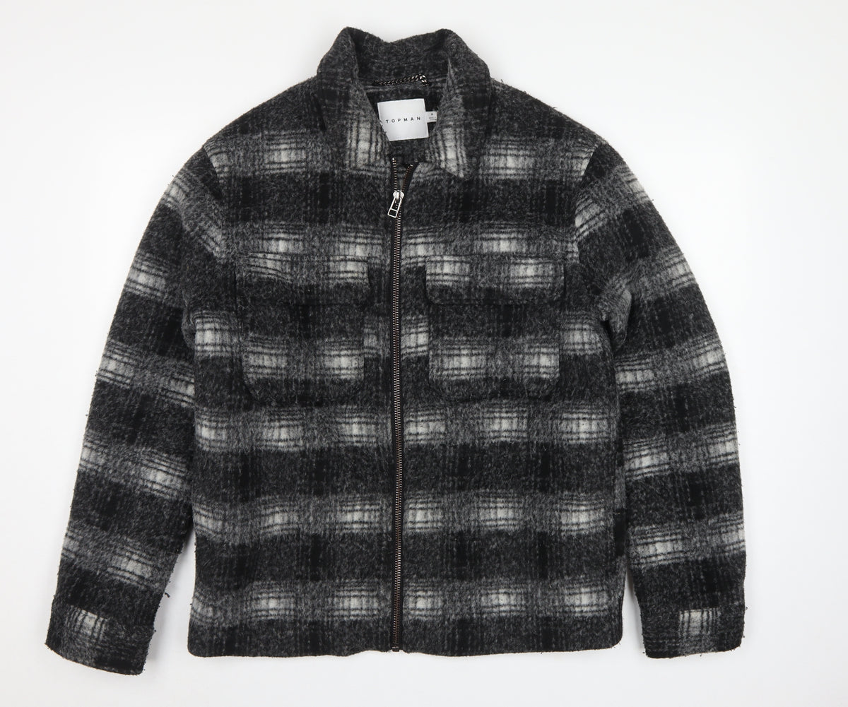 Topman Unisex Grey Check Wool Blend Zip Jacket Size M Collared