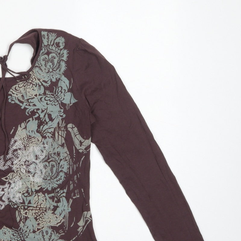 Next Women Brown UK 12 Basic Floral Tie Back Long Sleeve Jersey Top