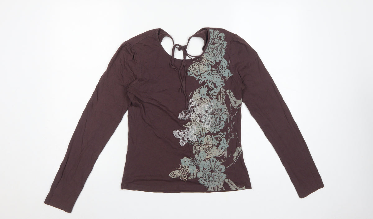 Next Women Brown UK 12 Basic Floral Tie Back Long Sleeve Jersey Top