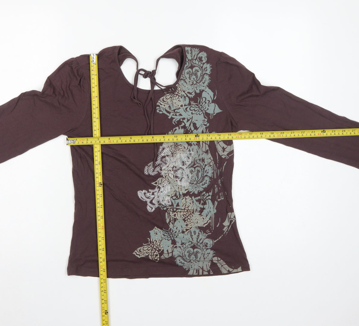 Next Women Brown UK 12 Basic Floral Tie Back Long Sleeve Jersey Top