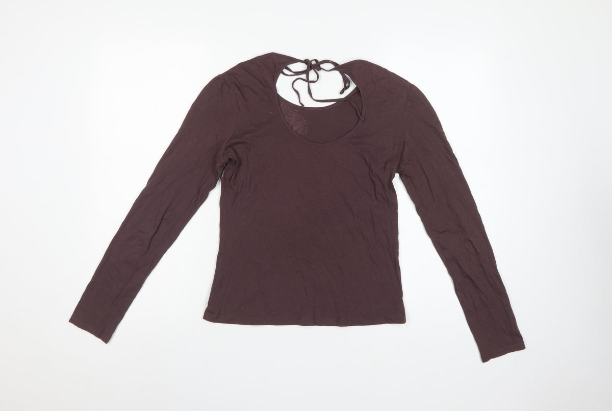 Next Women Brown UK 12 Basic Floral Tie Back Long Sleeve Jersey Top