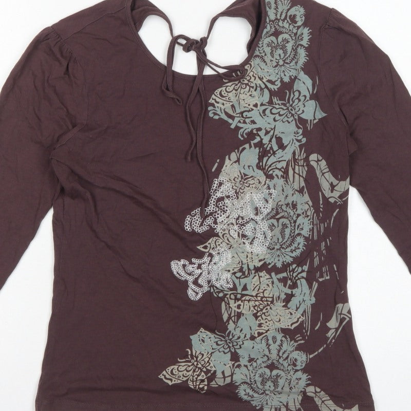 Next Women Brown UK 12 Basic Floral Tie Back Long Sleeve Jersey Top