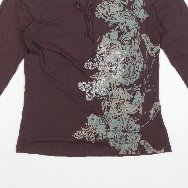 Next Women Brown UK 12 Basic Floral Tie Back Long Sleeve Jersey Top
