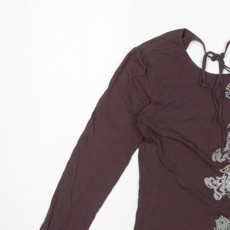 Next Women Brown UK 12 Basic Floral Tie Back Long Sleeve Jersey Top