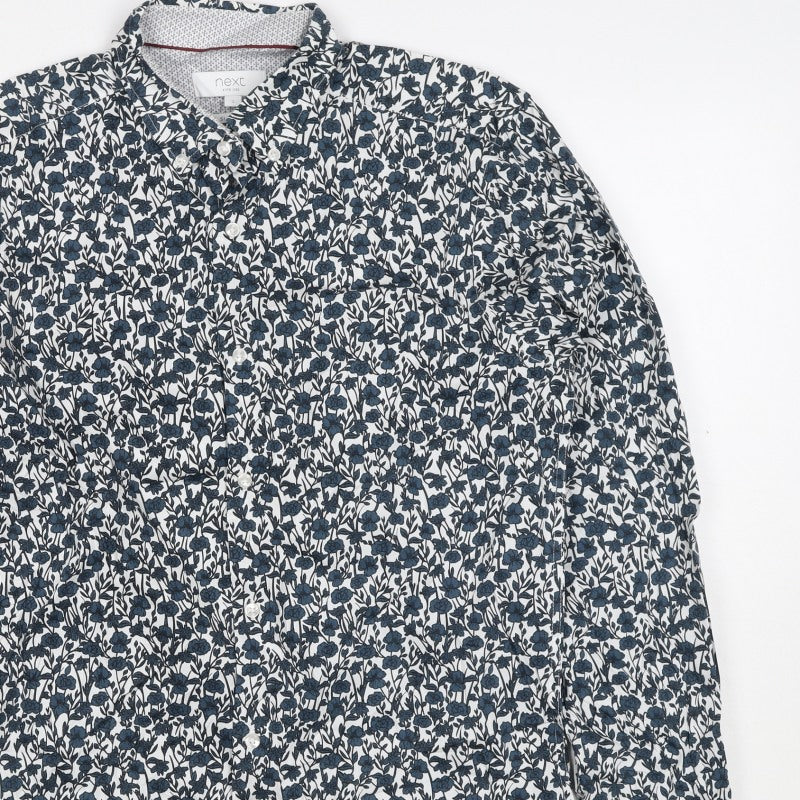 Next Men’s Blue Floral Cotton Button-Down Long Sleeve Shirt Size S