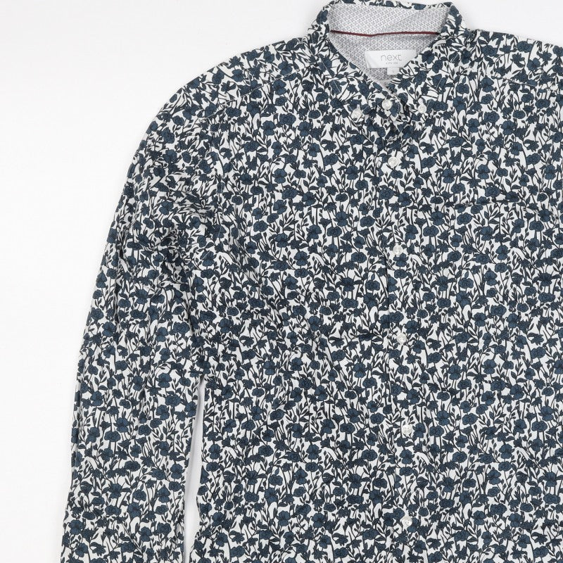 Next Men’s Blue Floral Cotton Button-Down Long Sleeve Shirt Size S