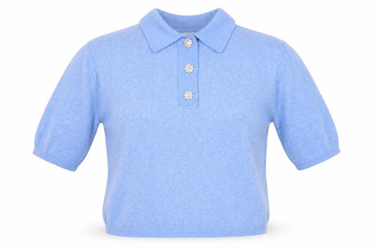 H&M Women Blue M Short Sleeve Collared Henley Knit Cashmere Blend Jumper