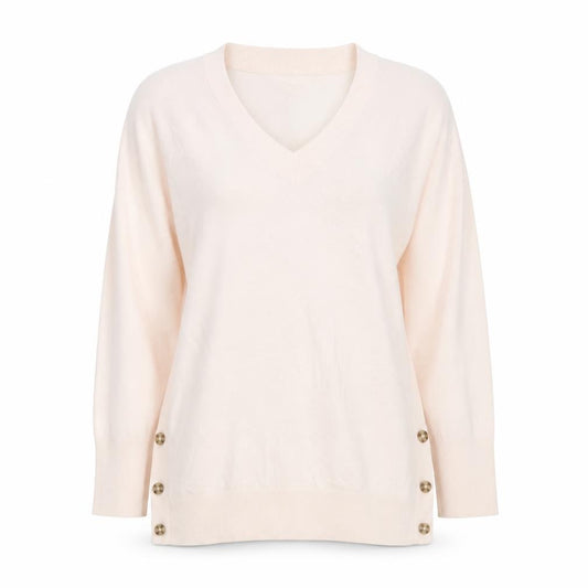 White + Warren Women’s Pink M V-Neck Button Detail Knit Jumper