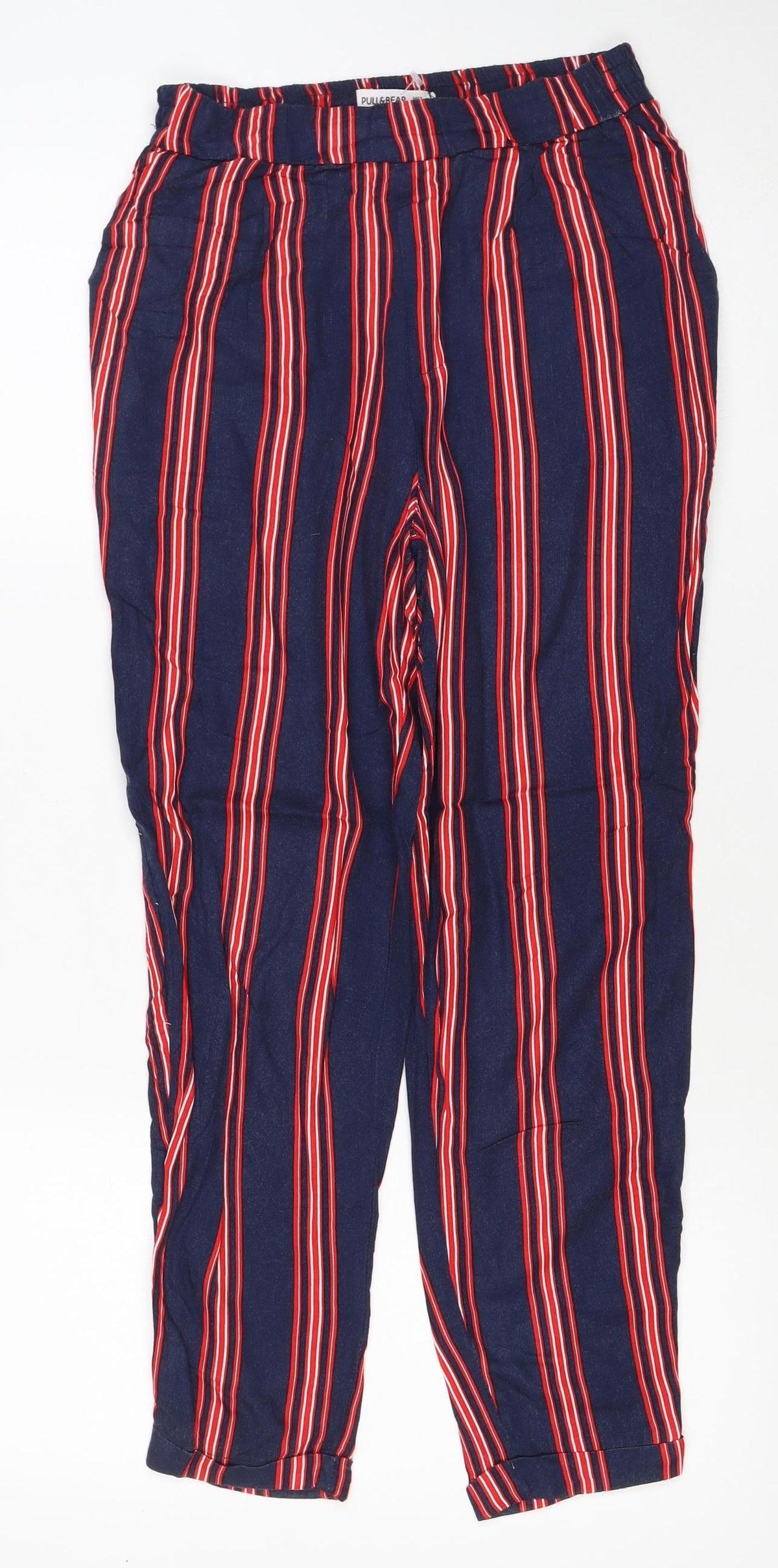 Pull&Bear Women Blue Stripe M Tie Waist Cropped Trousers