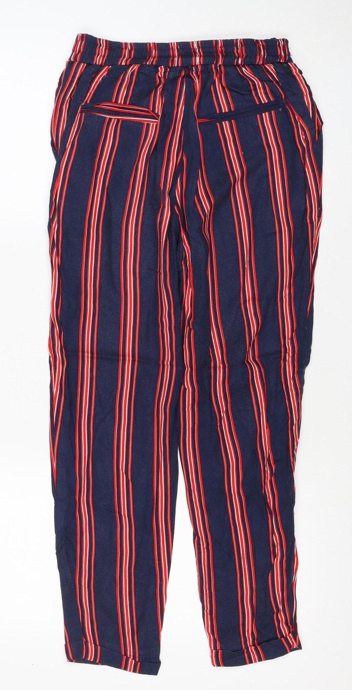 Pull&Bear Women Blue Stripe M Tie Waist Cropped Trousers