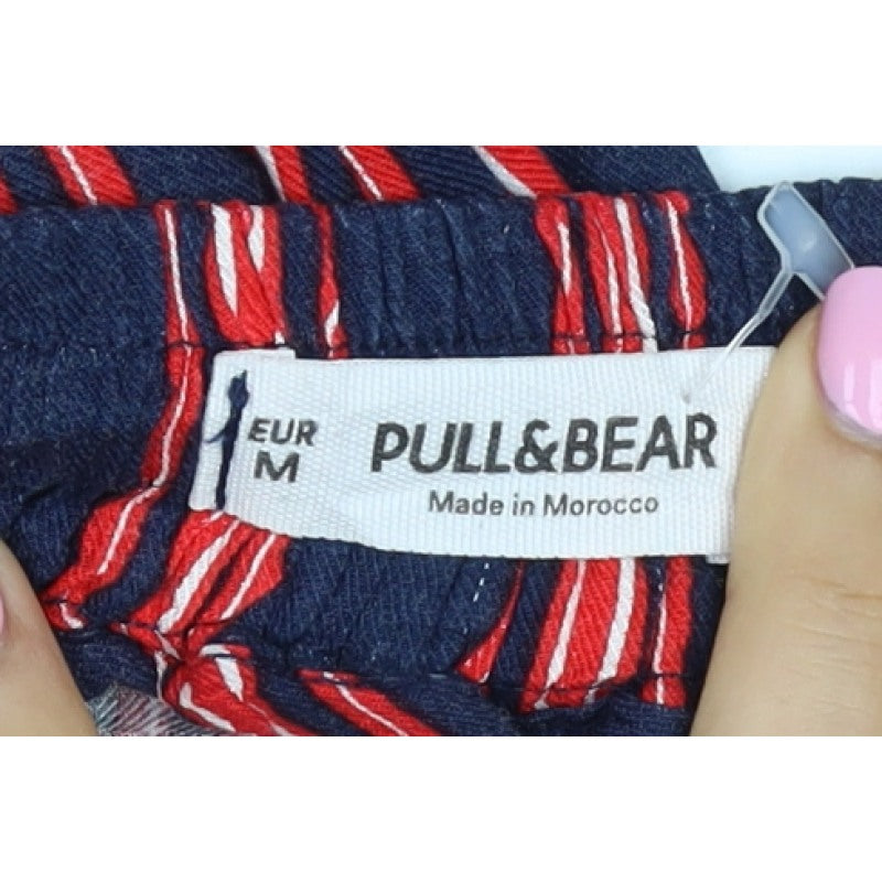 Pull&Bear Women Blue Stripe M Tie Waist Cropped Trousers