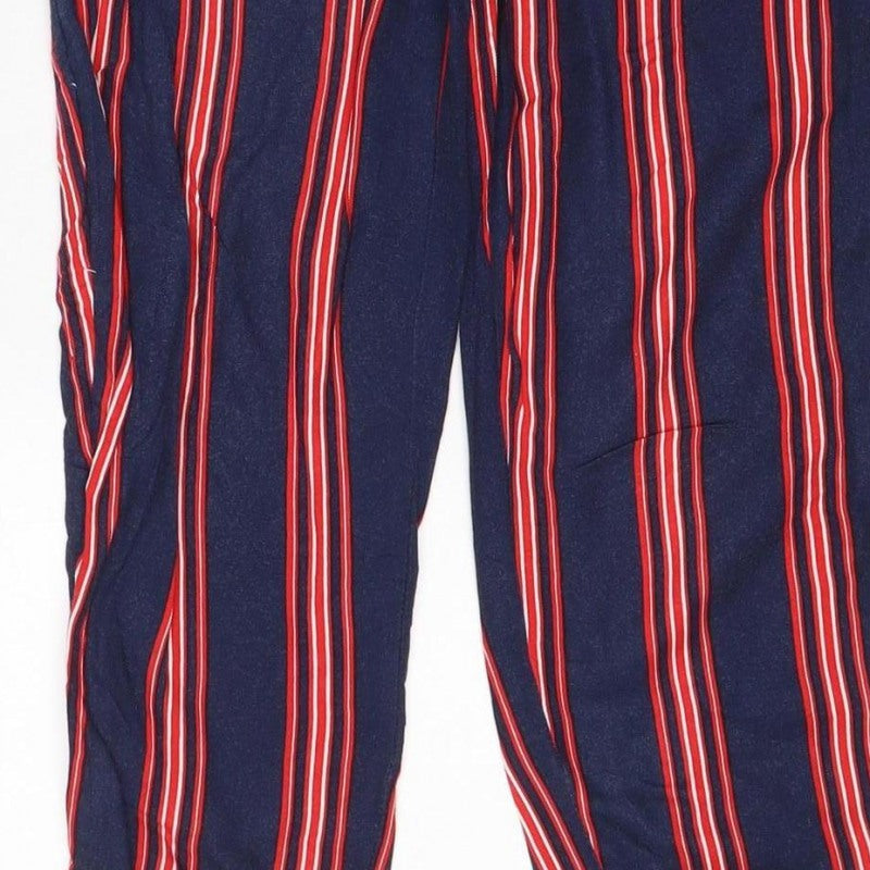 Pull&Bear Women Blue Stripe M Tie Waist Cropped Trousers