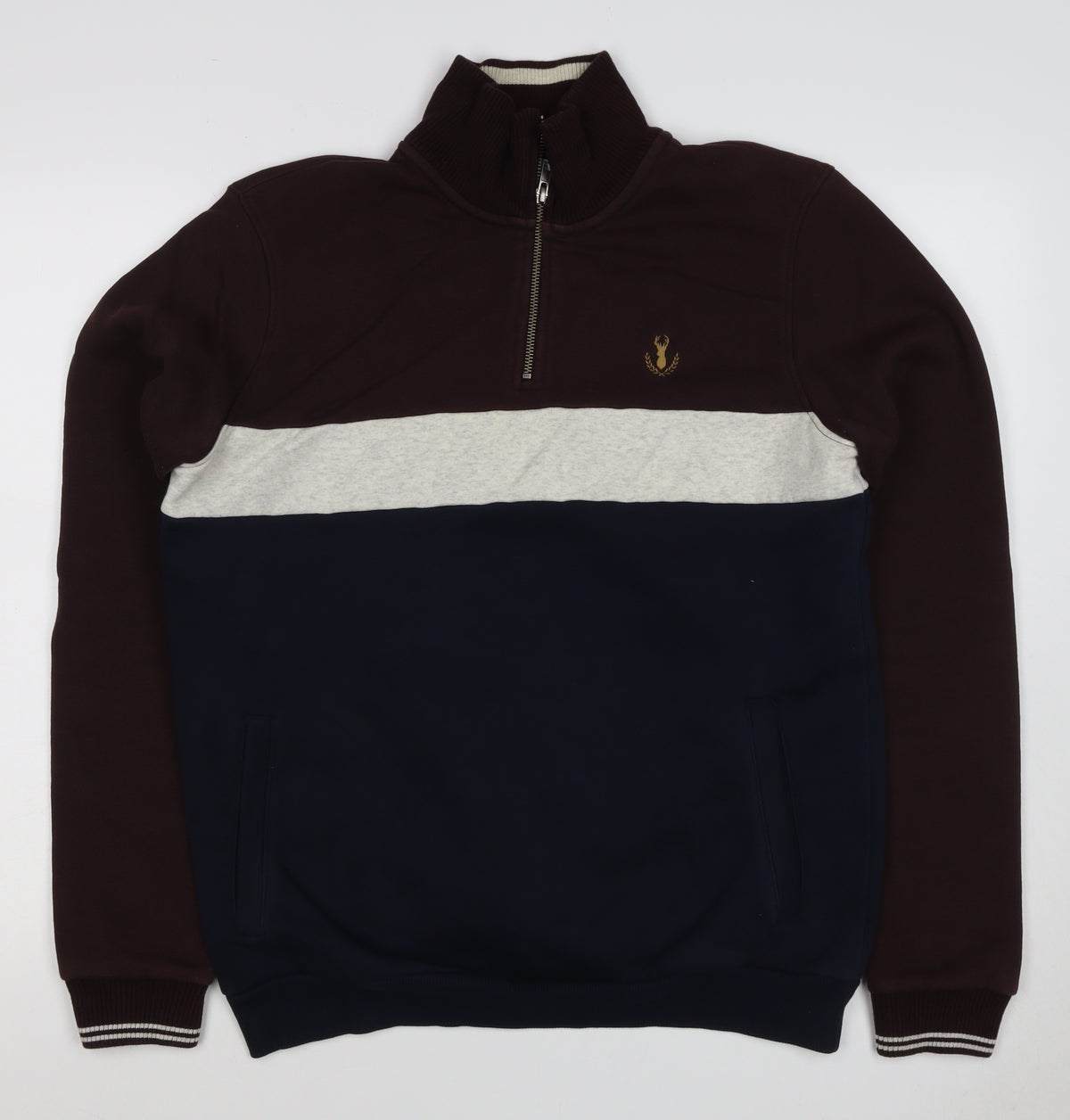 Next Men’s M Brown Navy Colour Block 1/4 Zip Sweatshirt