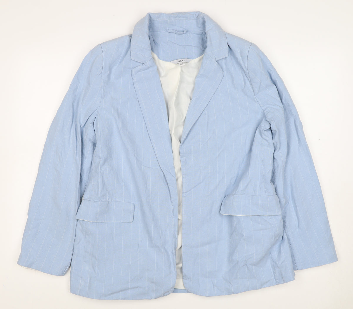 Next Women Blue Pinstripe Linen Blend Open Blazer Jacket UK 14