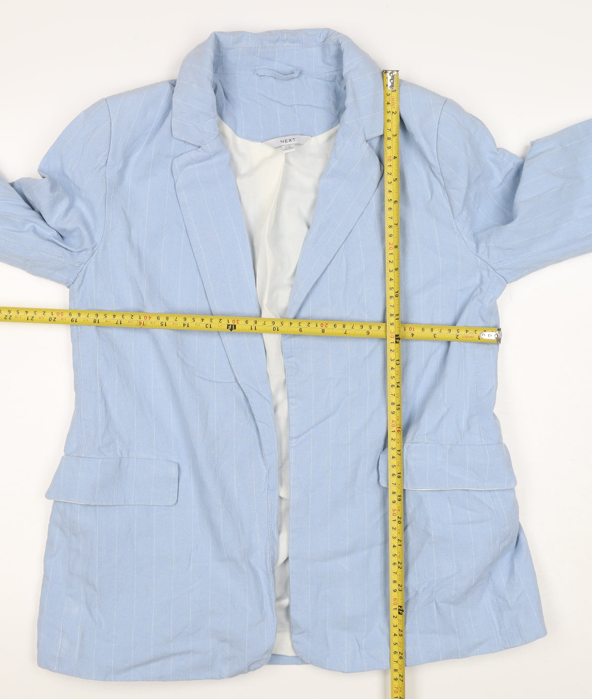 Next Women Blue Pinstripe Linen Blend Open Blazer Jacket UK 14