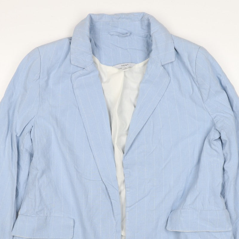 Next Women Blue Pinstripe Linen Blend Open Blazer Jacket UK 14