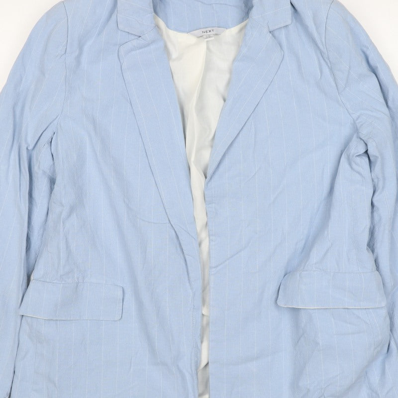 Next Women Blue Pinstripe Linen Blend Open Blazer Jacket UK 14