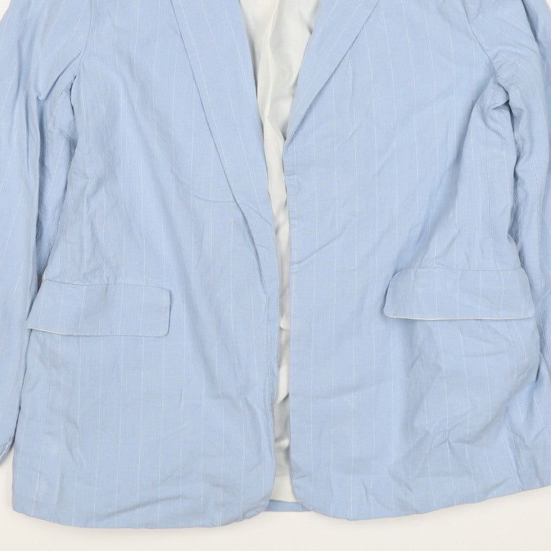 Next Women Blue Pinstripe Linen Blend Open Blazer Jacket UK 14