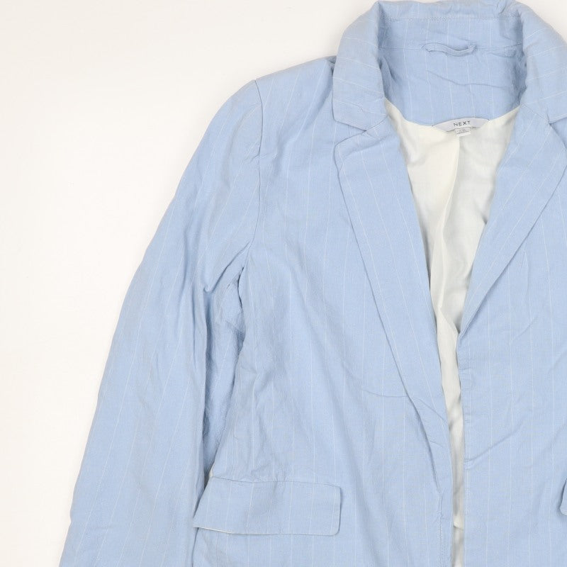 Next Women Blue Pinstripe Linen Blend Open Blazer Jacket UK 14
