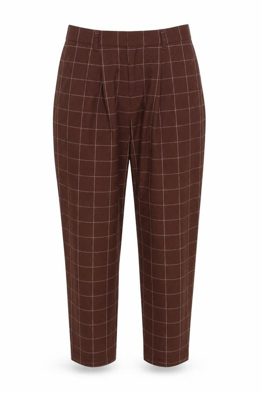 Monki Women Brown Check Cropped Wide-Leg Trousers UK 14