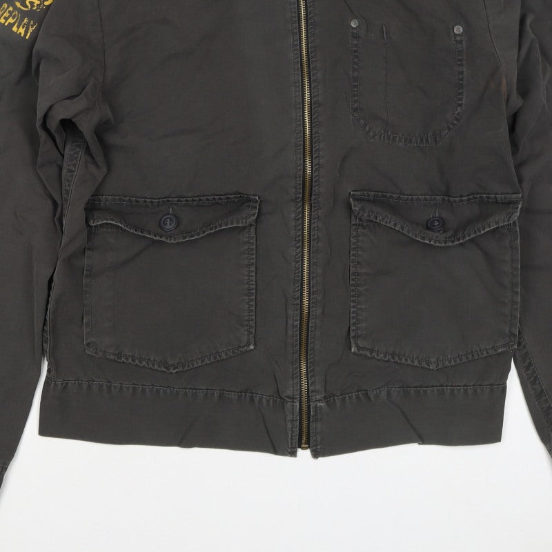 Replay Mens Black Cotton Zip Utility Jacket L Logo Pockets