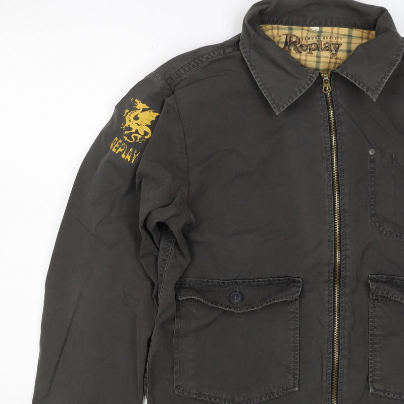 Replay Mens Black Cotton Zip Utility Jacket L Logo Pockets