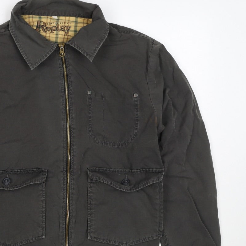 Replay Mens Black Cotton Zip Utility Jacket L Logo Pockets