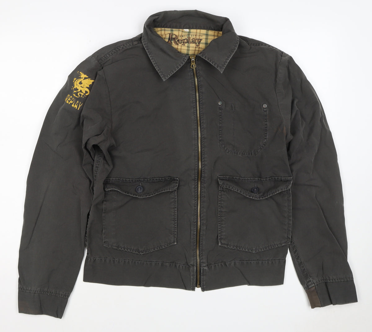 Replay Mens Black Cotton Zip Utility Jacket L Logo Pockets