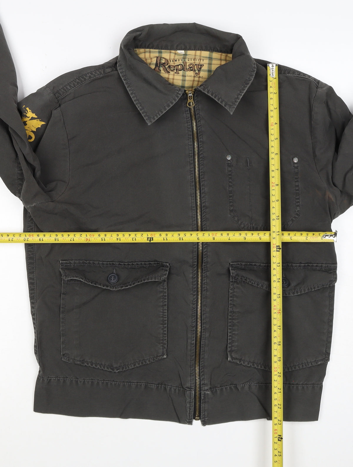Replay Mens Black Cotton Zip Utility Jacket L Logo Pockets
